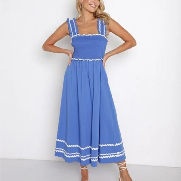 En Saison Smocked Sun Dress Blue XS New With Tags | Rickrack Trim Cotton Blend - Picture 3 of 8